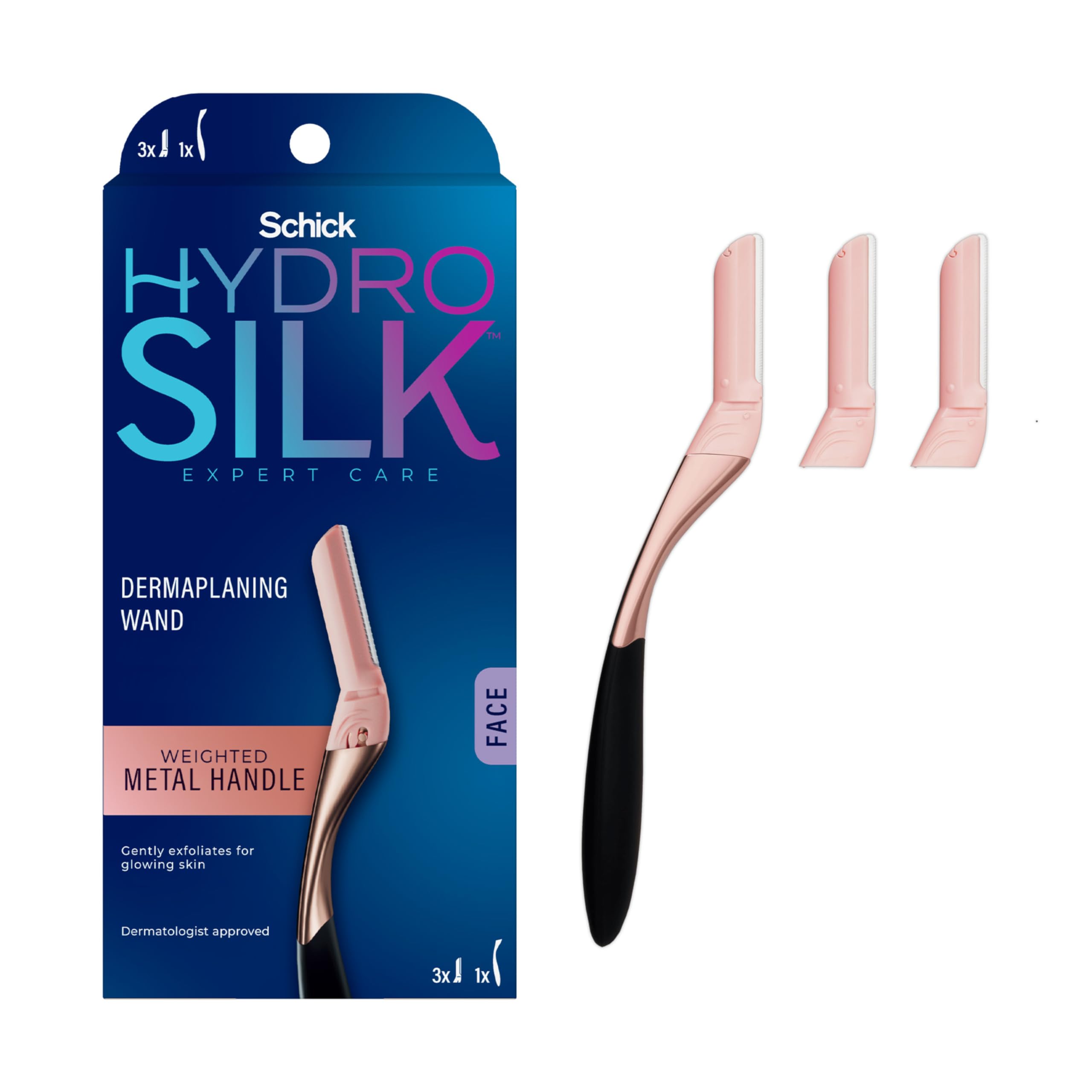 Schick Hydro Silk Dermaplaning Wand, Dermaplaning Tool for Face with 3 Refill Blades | Dermaplane Razor for Women Face, Dermapla