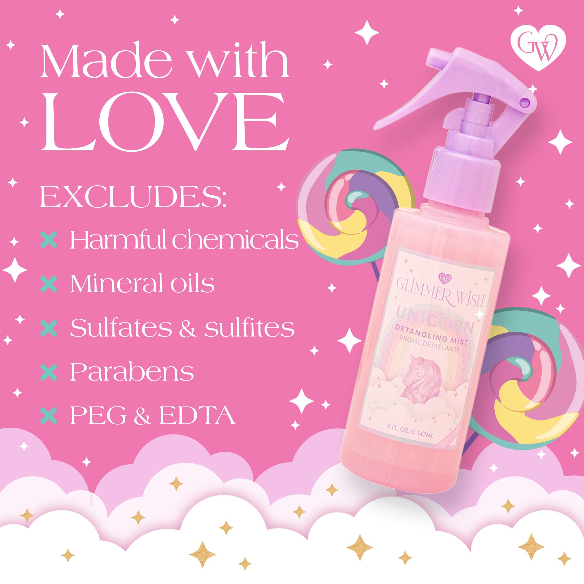 Glimmer Wish Unicorn Hair Detangling Mist, Vanilla Cotton Candy Scent Kids Detangler Spray, Coconut And Macadamia Oil For Hair T