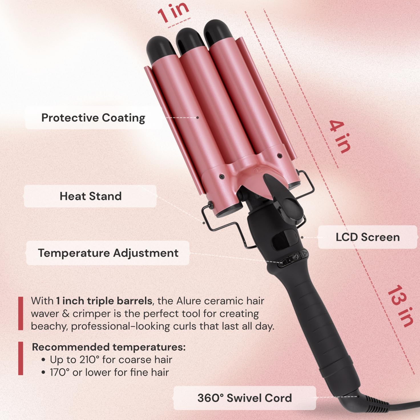 Alure Three Barrel Hair Waver/Crimper With Lcd Temperature Display In Celsius - 1 Inch Ceramic Tourmaline Triple Barrels, Dual V