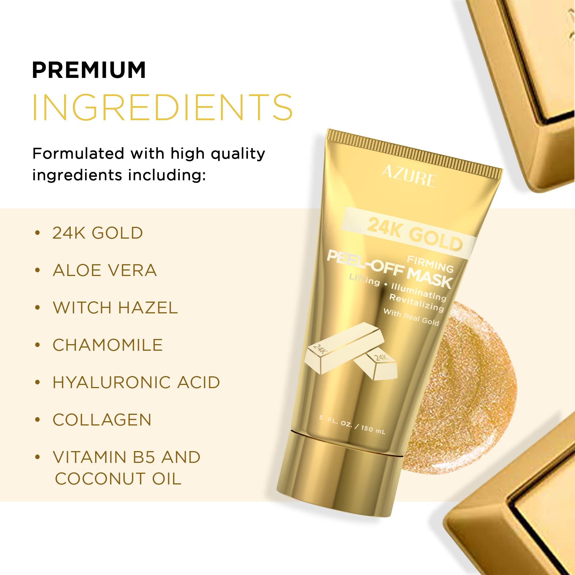 24K Gold Firming Peel Off Face Mask - Removes Blackheads, Dirt & Oils | Firms Lifts & Moisturizes | Reduces Wrinkles, Fine Lines