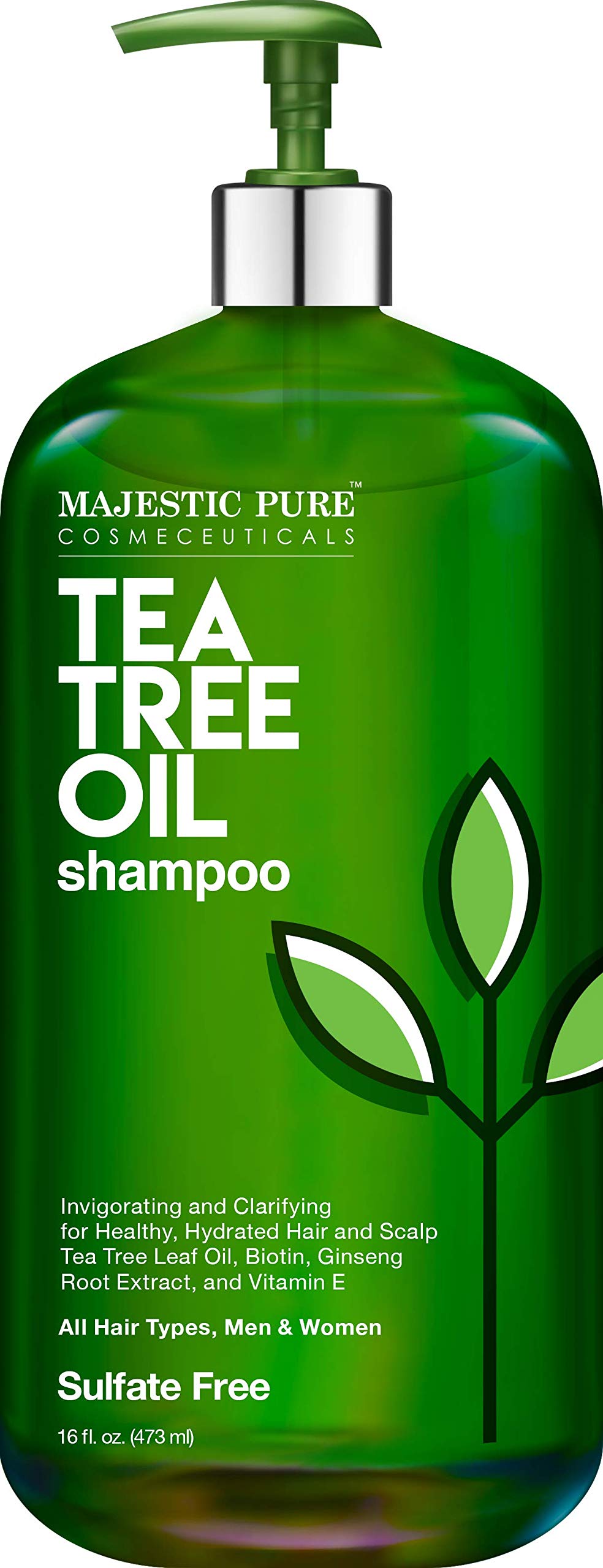MAJESTIC PURE Tea Tree Shampoo for Men and Women -16 fl oz - Hydrating Formula Fights Dandruff, Lice and Itchy, Irritating or Dr
