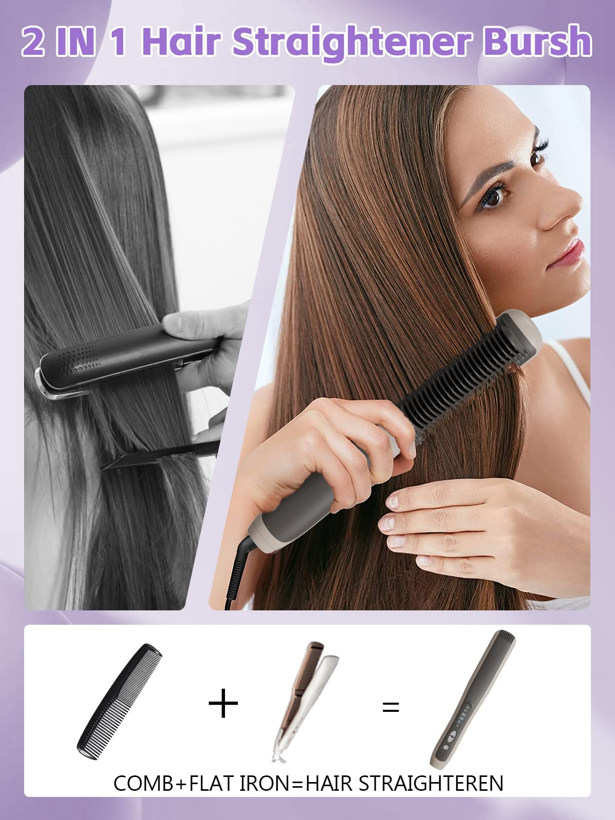 Hair Straighteners For Women,Hair Straightener Brush,Anti-Scald Ceramic Straightening Comb 30S Fast Heating,Automatic Shutdown I