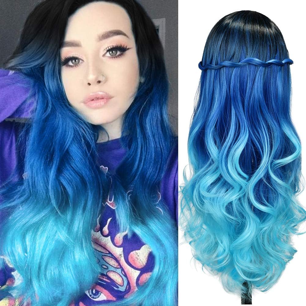 HANNE Long Blue Wavy Wigs for Women 26 Inch Middle Part Blue Ombre Wig Body Wave Long Curly Synthetic Wig Heat Resistant Black a