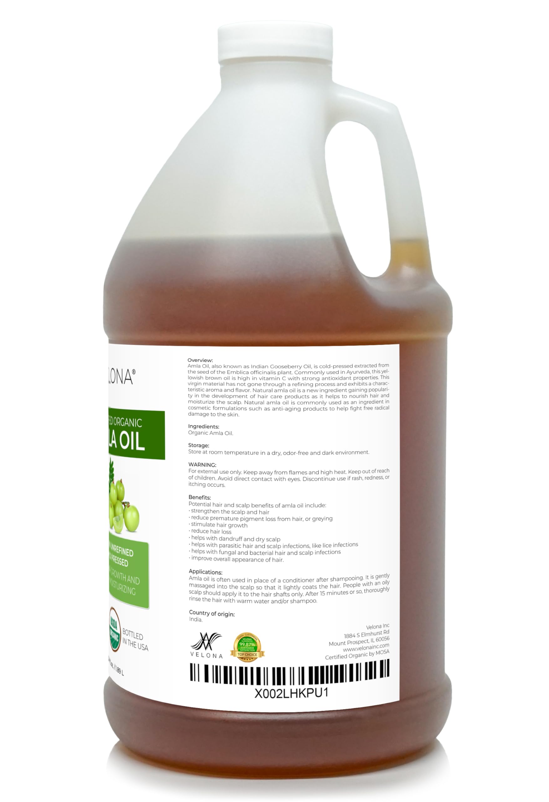 Velona Amla Oil Usda Certified Organic - 64 Oz | 100% Pure And Natural Carrier Oil | Extra Virgin, Unrefined, Cold Pressed