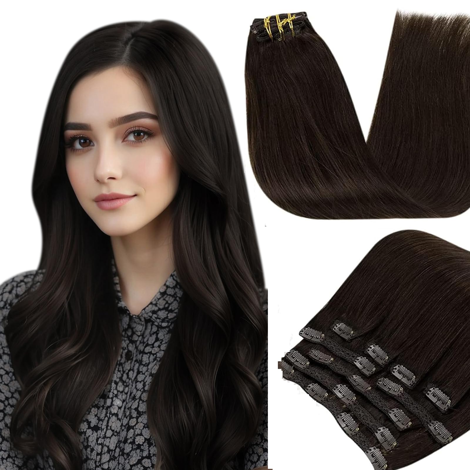 RUNATURE Dark Brown Clip in Hair Extensions Human Hair 10 Inch Full Head Hair Extensions Real Human Hair Clip Ins Short Thick Cl