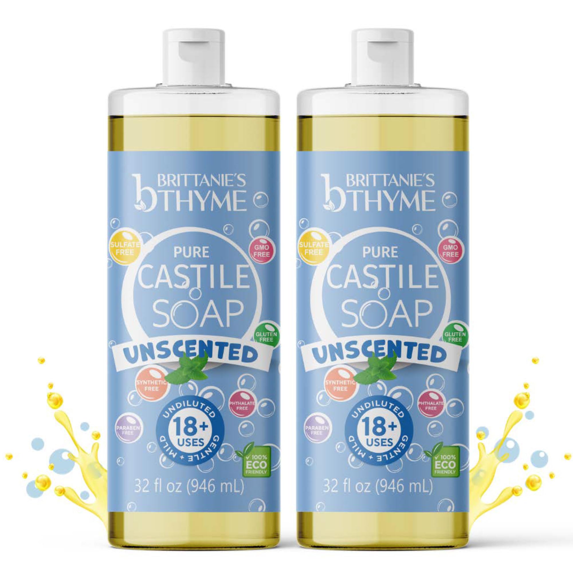 Brittanies Pure Castile Liquid Soap Refill, Unscented | Dish Soap, Hair & Body, Home, Gentle and Pure, Made with Natural Luxurio