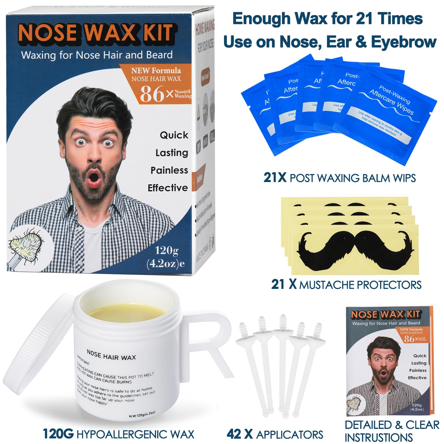 Hypoallergenic Nose And Ear Waxing Kit For Men And Women - 120G With 42 Wax Sticks, 21 Post-Waxing Wipes, 21 Mustache Guards By