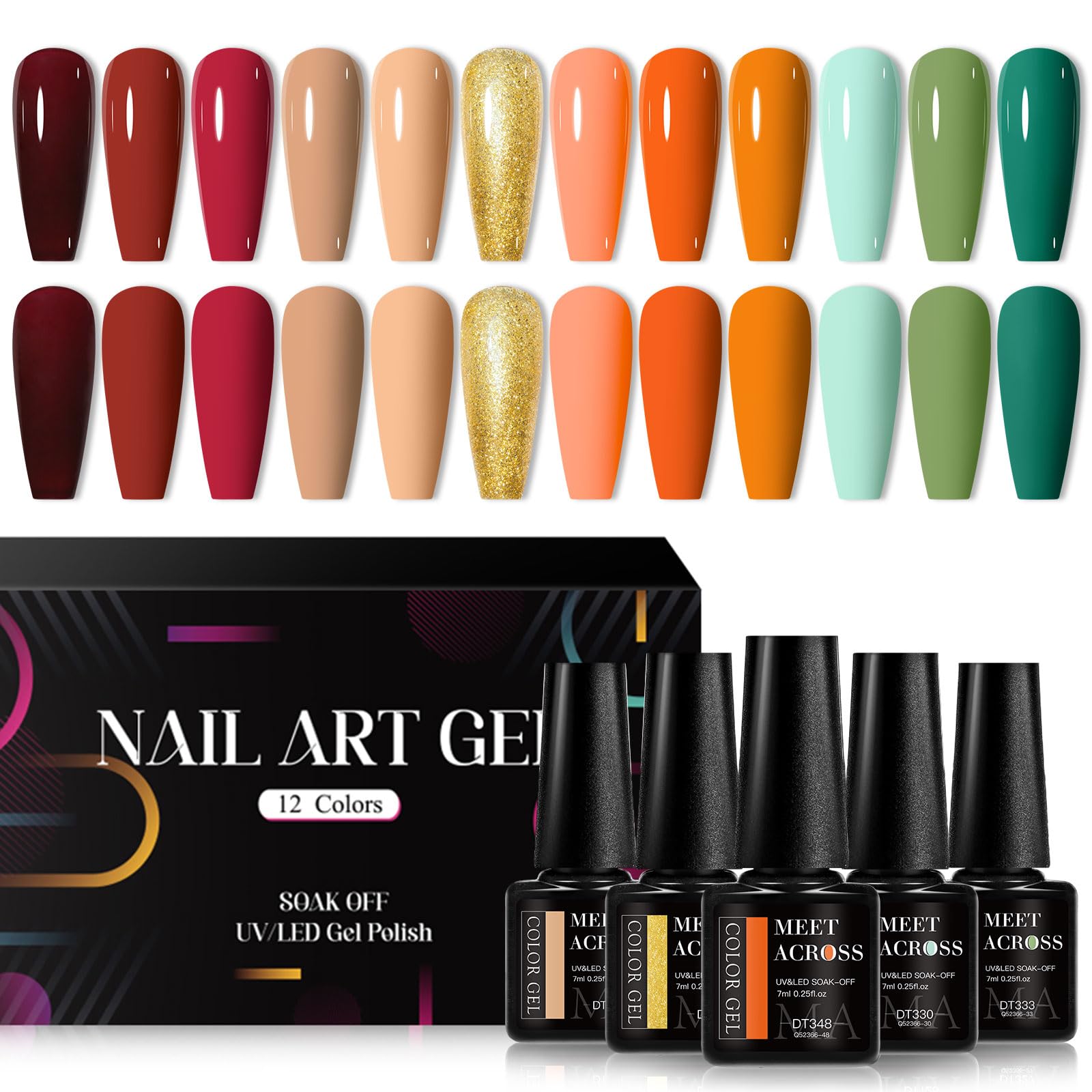 MEET ACROSS 12pcs Gel Nail Polish Set,Soak Off UV LED Lamp Gel Nail Polish Kit,Fashion Shimmer Nail Art Design Gifts for Women M