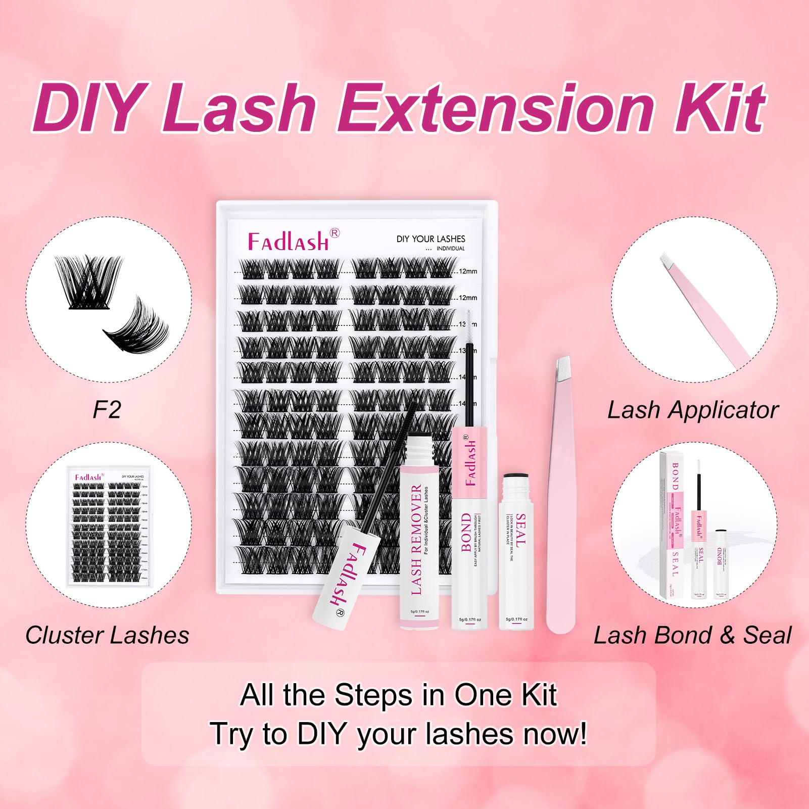Fadlash Eyelash Extension Kit Lash Clusters Mix Tray Thin Band Diy Lash Extension Kit With Lash Bond And Seal Lash Tweezers Eyel