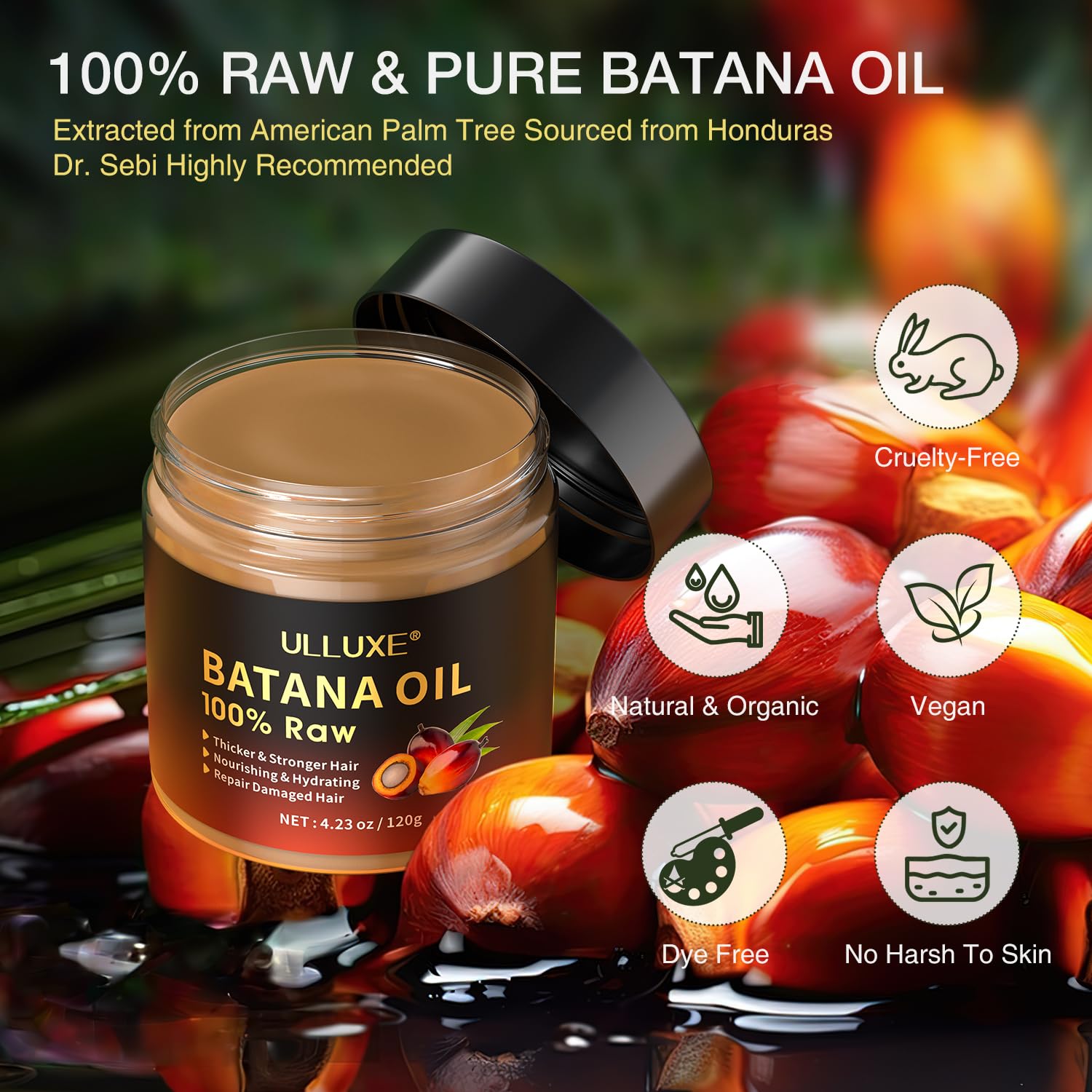 ulluxe Raw Batana Oil for Hair Growth - 100% Natural Unrefined & Organic, 4.23 Fl Oz, Enhances Thickness, Reduces Hair Loss, Brown