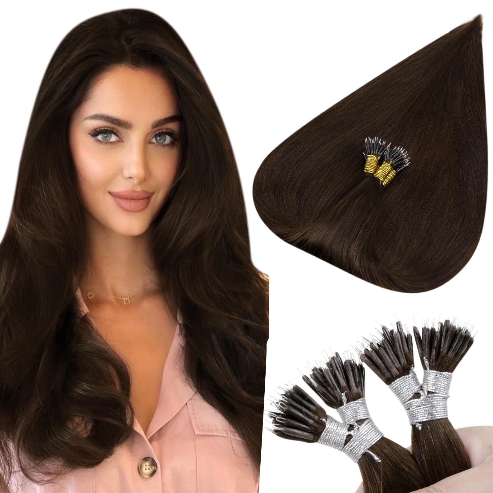 Hetto Nano Beads Human Hair Extensions #4 Dark Brown Nano Link Extensions Human Hair 18 Inch Straight Nano Ring Hair Extensions 
