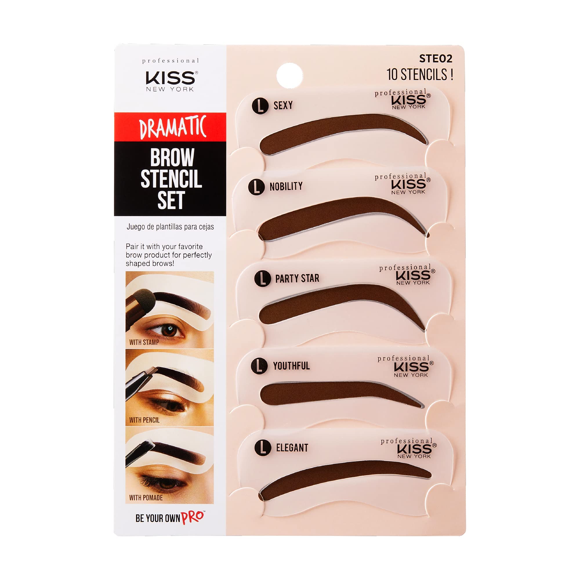 Kiss New York Professional Instant Brow Stamp and Stencil Kit Powder Stamp Eyebrow Shaping Kit (Stencil-Dramatic)