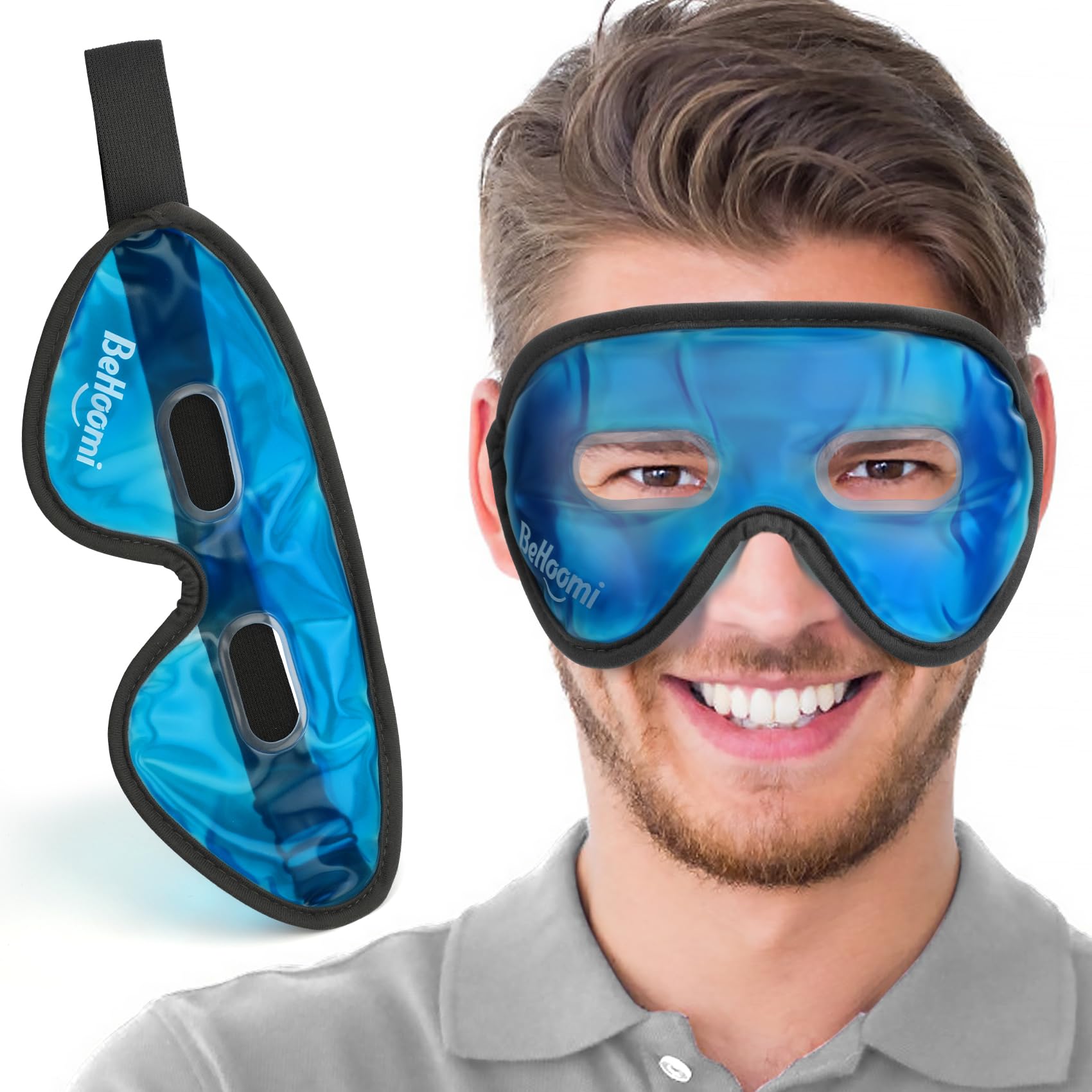BeHoomi Cooling Eye Mask, Gel Eye Mask with Holes, Reusable Ice Mask, Cool Eye Ice Pack, Comfort Snug Fit, No Freeze, Cold Eye C