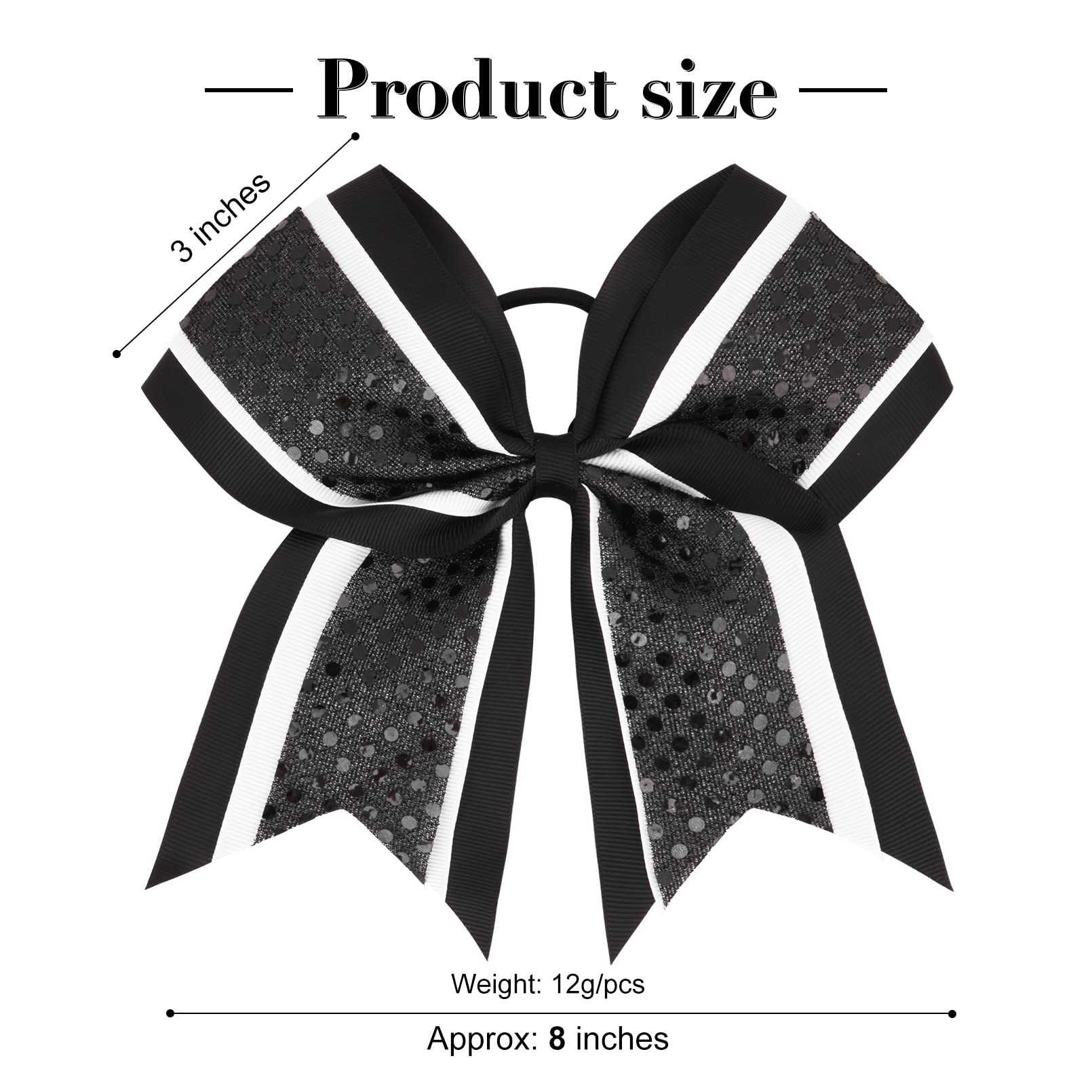 12 Pcs 8'' Large Glitter Cheer Bows Shiny Girl Hair Bows Ponytail Holder Sparkly Black Cheerleading Softball Team Bow Hair Acces