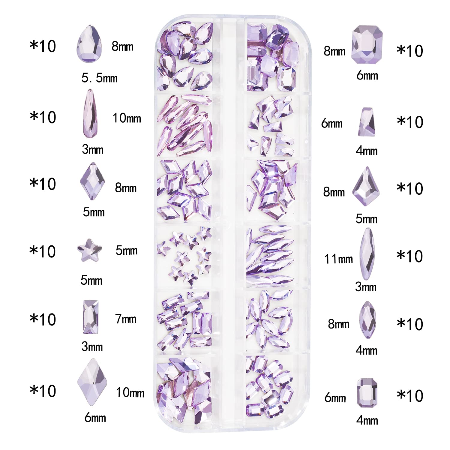 Hnuix Nail Rhinestones - 1600Pcs 3D Multi Shape Size, Light Purple Nail Gems, Flat Back, With Kit, For Nail Art, Diy Decorations