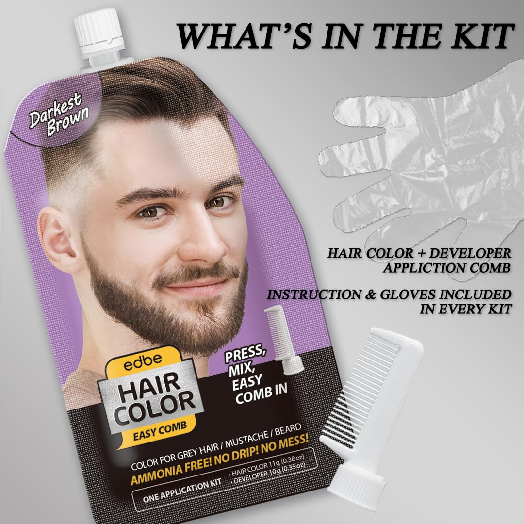 Edbe Hair Color Easy Comb Darkest Brown (2 Pack) - Grey Hair Mustache And Beard Coloring For Men With One Application Kit