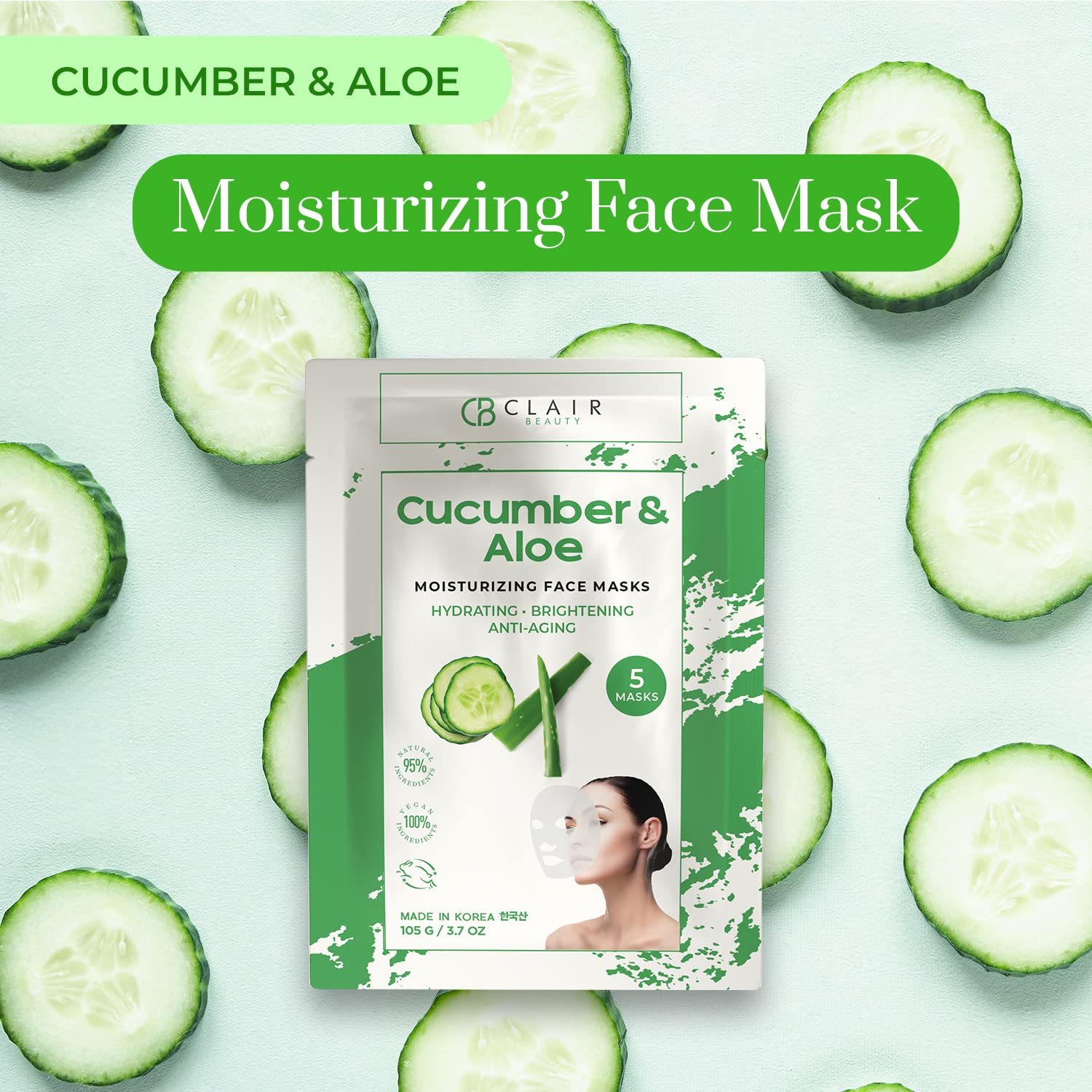 Clear Beauty Cucumber And Aloe Sheet Face Mask - Soothes Irritated Skin, Reduce Wrinkles & Fine Lines & Moisturizing - Cruelty F