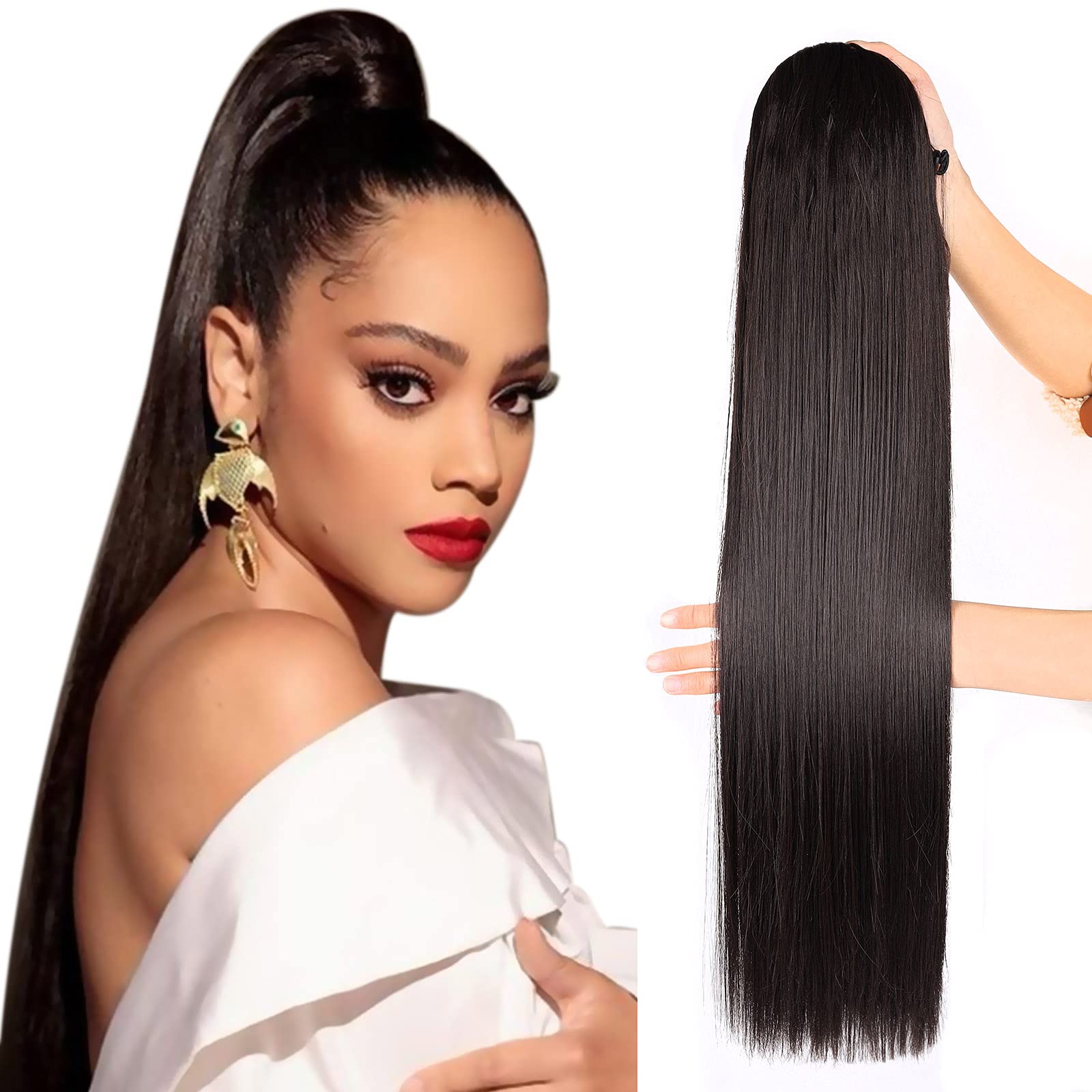 Fashion Icon Dark Brown Ponytail Extensions Straight Drawstring Ponytail Extension Long 24Inch straight Clip in Hair Extensions 