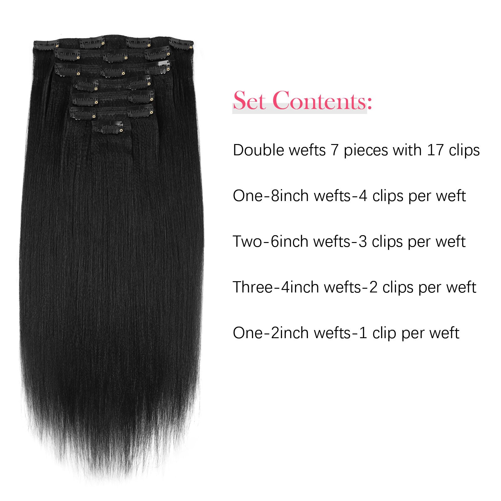 Sassina Real Remy Thick Yaki Straight Clip Ins Human Hair Double Wefts Jet Black For African American Full Head 7 Pieces 17 Clip
