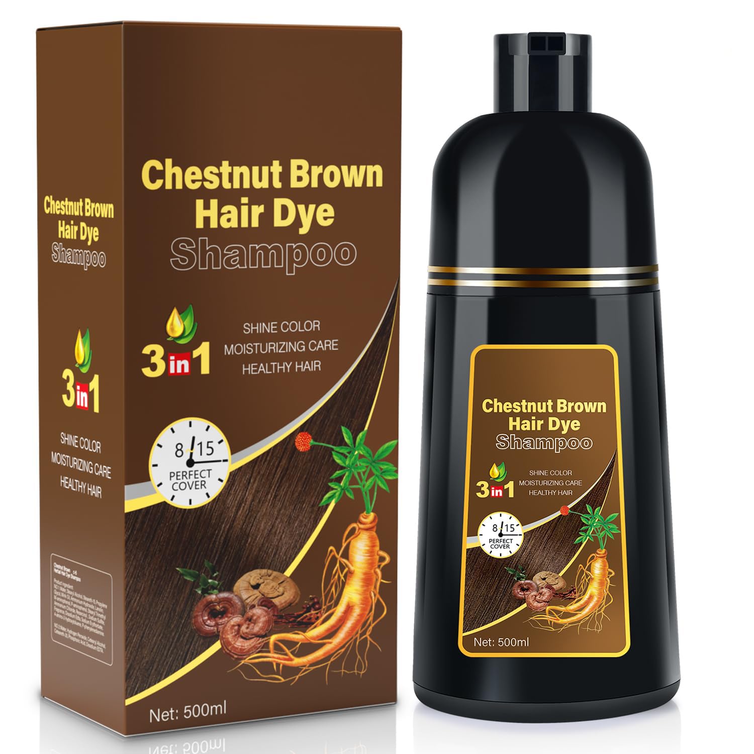 YOURTONE Hair Dye Shampoo Chestnut Brown Men and Women Instant & Easy 3-in-1 Hair Dye Shampoo with Herbal Ingredients Ammonia-fr