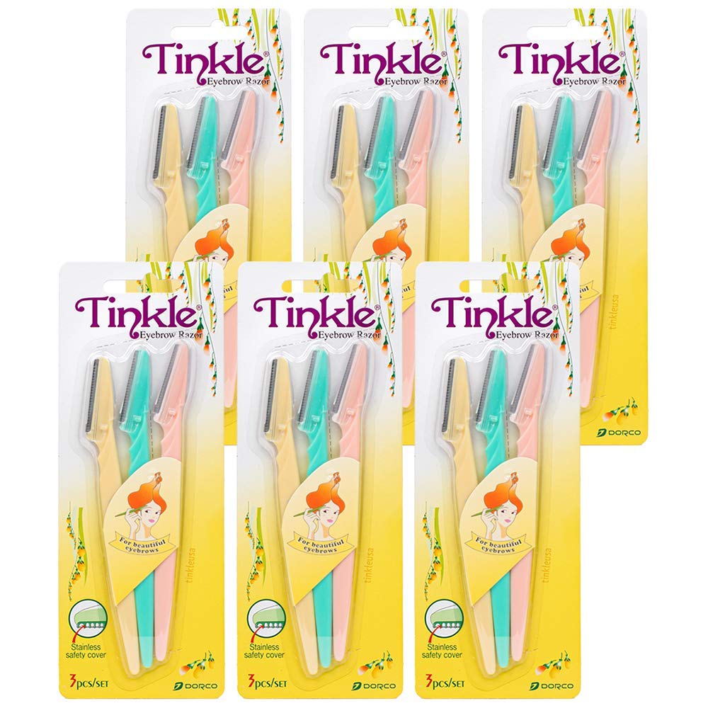 Dorco Tinkle Eyebrow Razors | 18 Razors. (6 Packs of 3) | Eyebrow Trimmer & Dermaplaning Tool | Safe & Easy Facial Hair Removal 