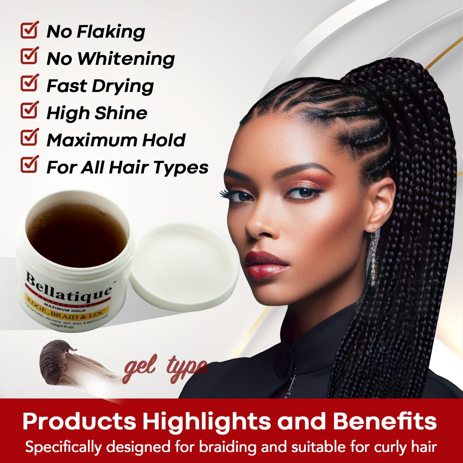Bellatique Edge, Braid, & Loc Maximum Hold Edge Control & Braiding Gel For Natural, Relaxed, Dry, Dull Hair - No Flaking, No Whi