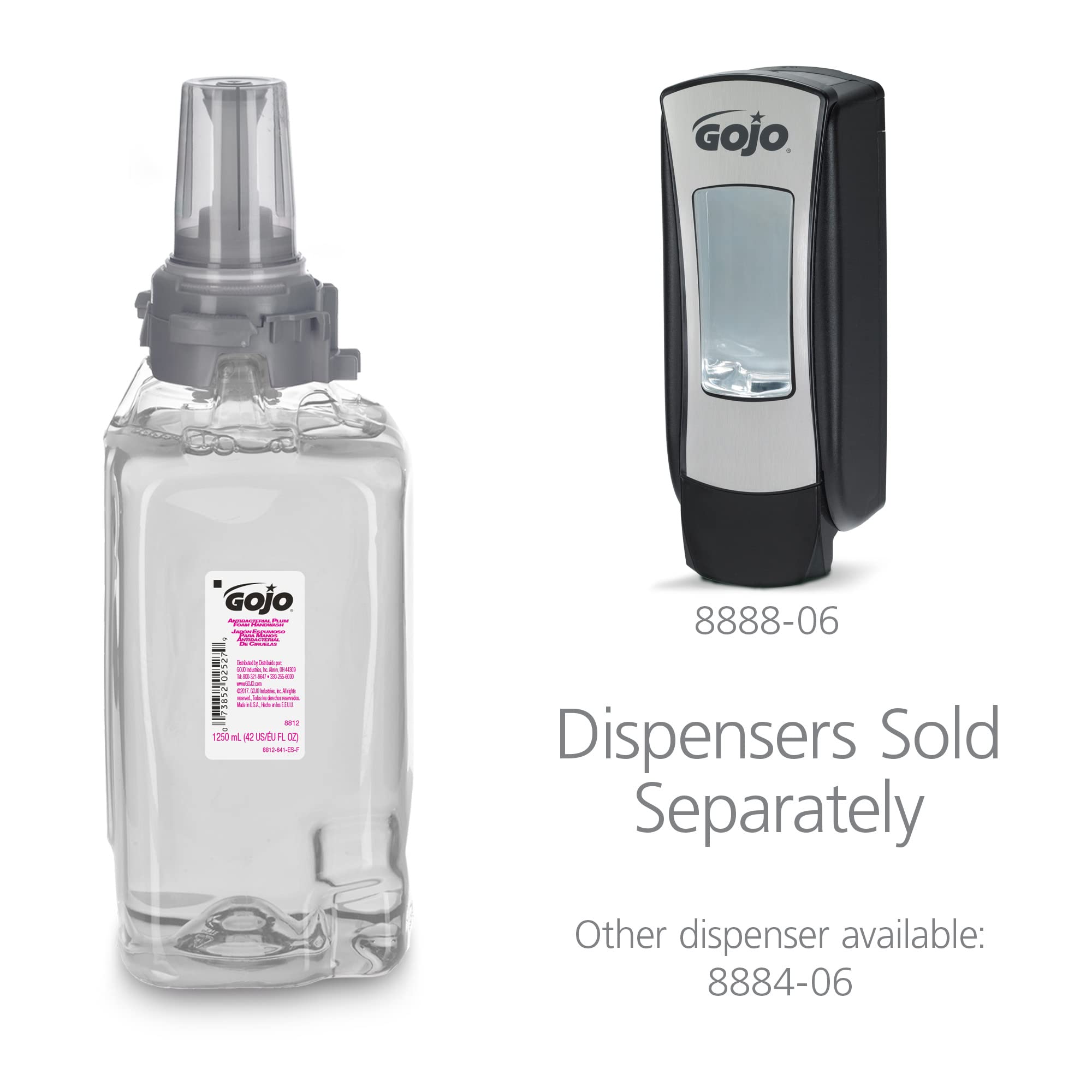 Gojo Antibacterial Foam Handwash, Plum Fragrance, 1250 Ml Soap Refill Adx-12 Push-Style Dispenser (Pack Of 3) - 8812-03