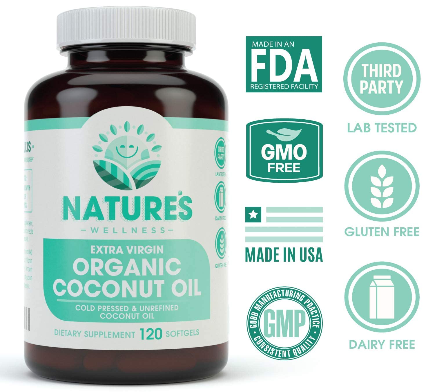 Natures Wellness Organic Coconut Oil 2000mg - Healthy Skin, Nails, Hair Growth - Extra Virgin, Cold Pressed, Unrefined Non GMO -