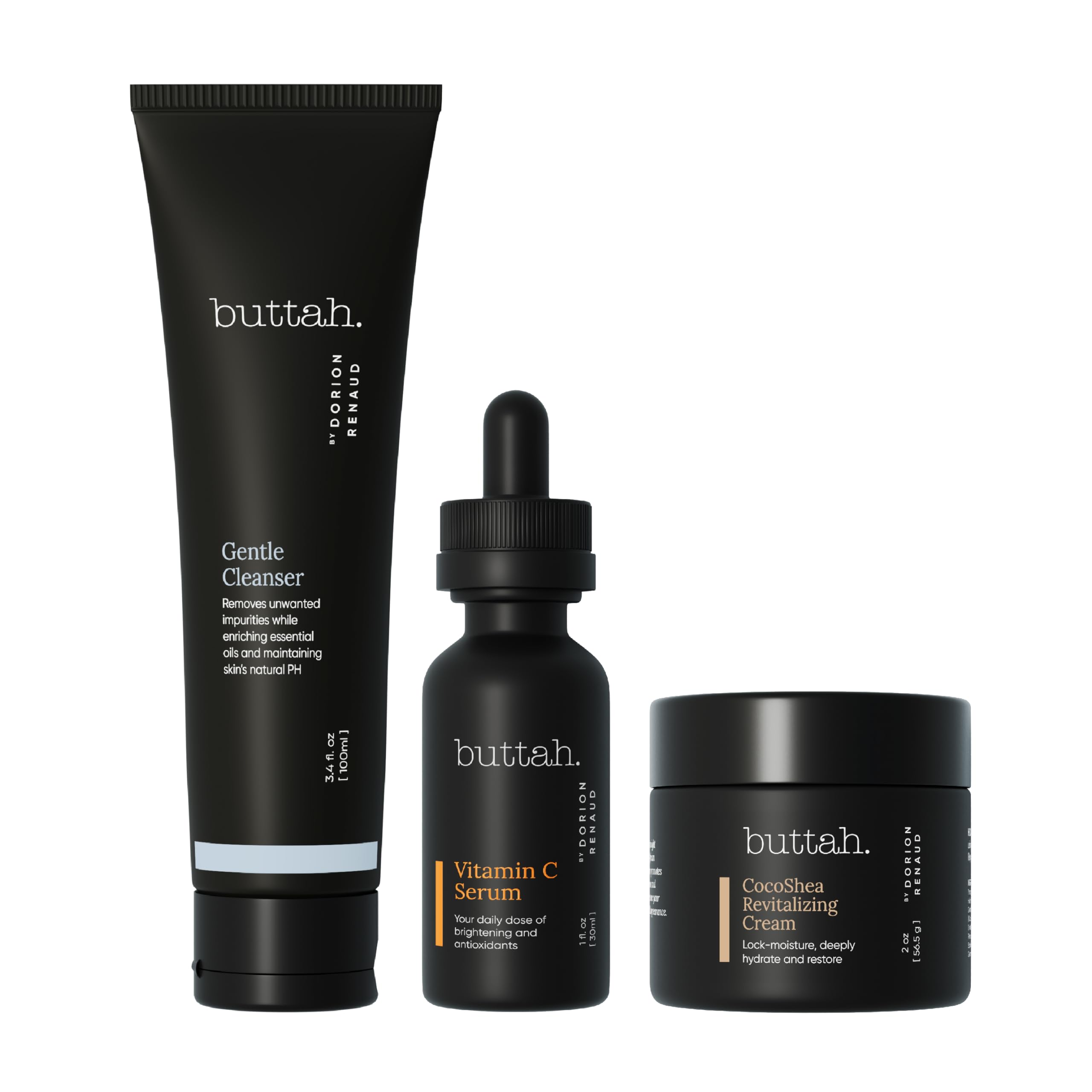 Buttah Skin Transforming Kit for Melanin Rich Skin | CocoShea Revitalizing Cream 2 oz | Vitamin C Serum 1 oz | Buttah Cleanser 3