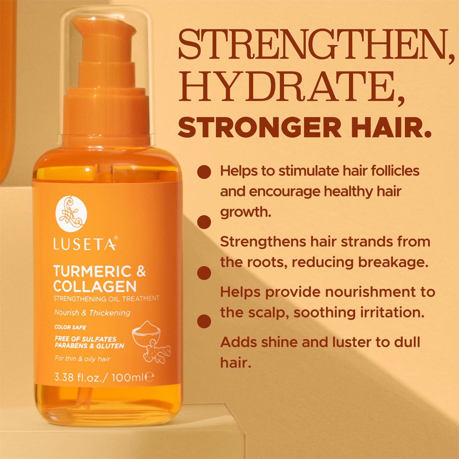 Luseta Turmeric & Collagen Hair Serum For Damaged And Thining Hair, Strengthening Oil Treatment Preventing Breakage For Women An