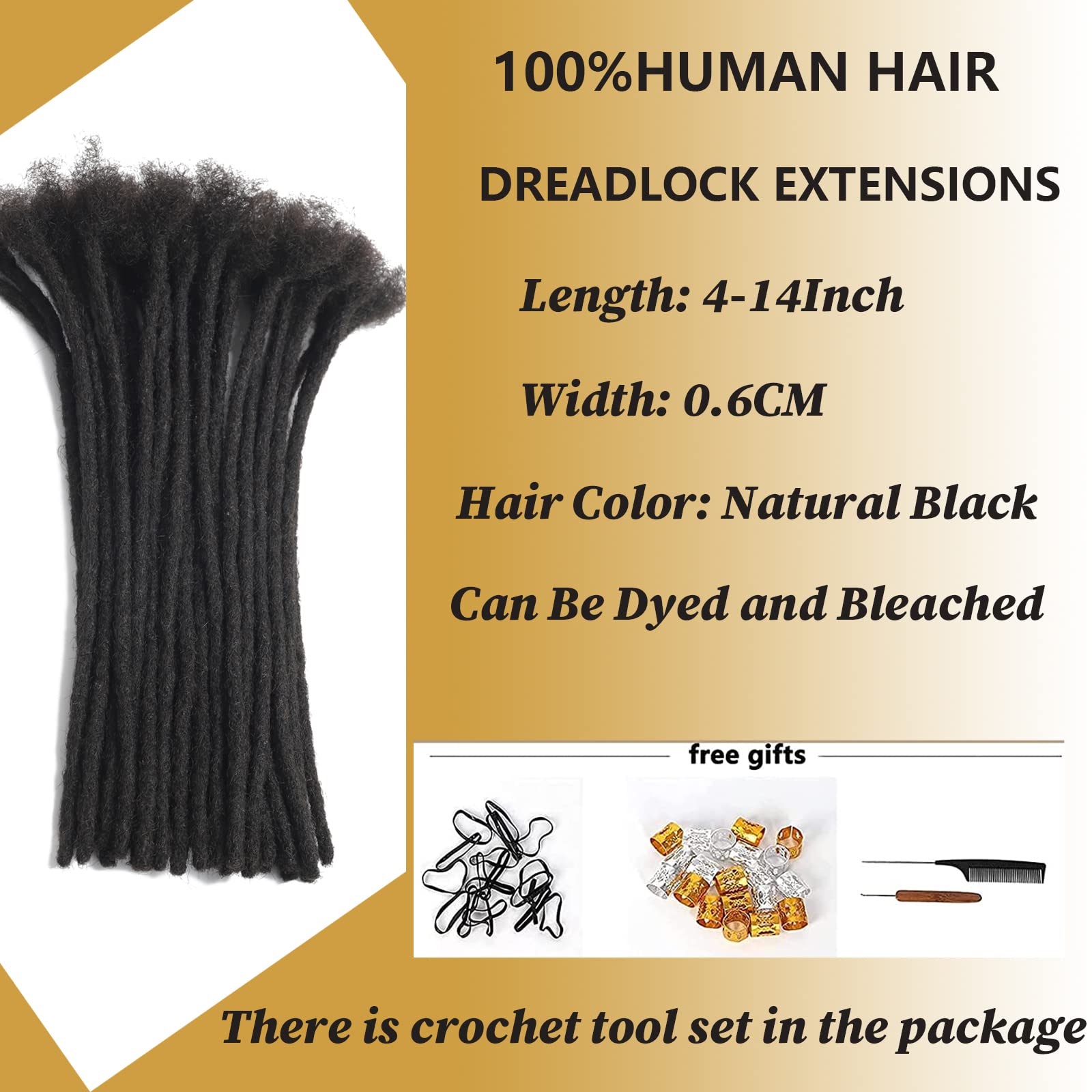 Dreadlock Extensions Human Hair 8 Inches 40 Strands 0.6Cm Width Handmade Permanent Loc Extensions For Women, Men Can Be Dyed,Cur