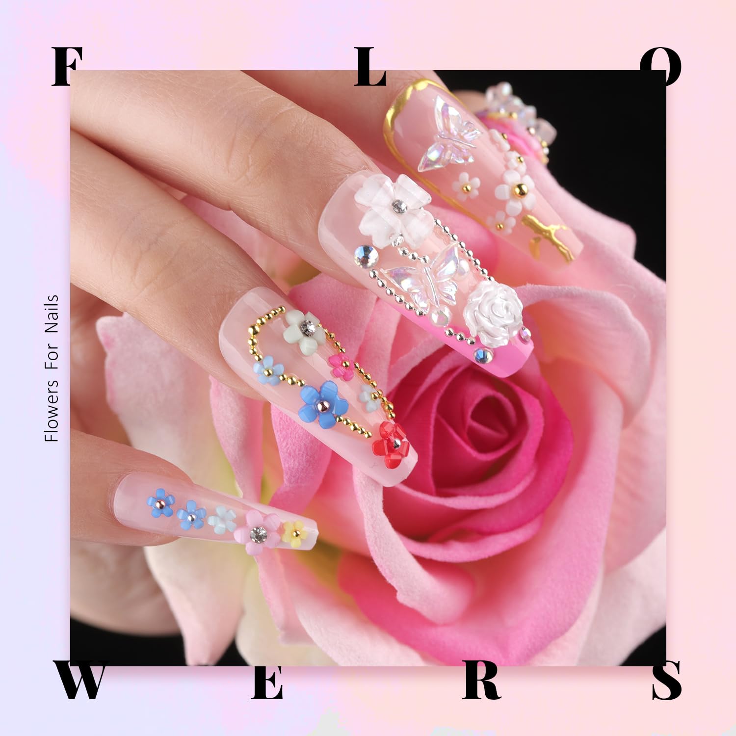 3D Nail Charms, Butterfly Colorful Acrylic Flower Starry Ab Gemstones Caviar Beads Half Round Pearl, Flat Back Glass Crystal Ab