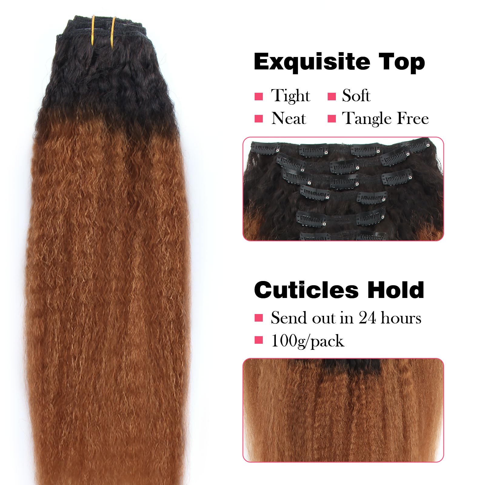 Sassina Kinky Straight Human Hair Extensions Unprocessed Brazilian Virgin Remy Human Hair For Black Women 7 Clips And 120G Gram