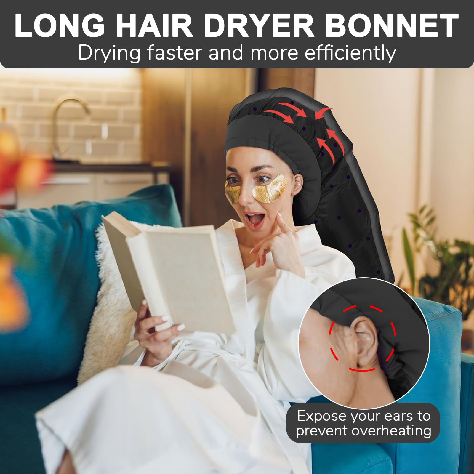 Hair Dryer Bonnet, Large Bonnet Hooded Hair Dryer Attachment For Speeds Up Drying Time & Deep Conditioning, Fits All Head Sizes