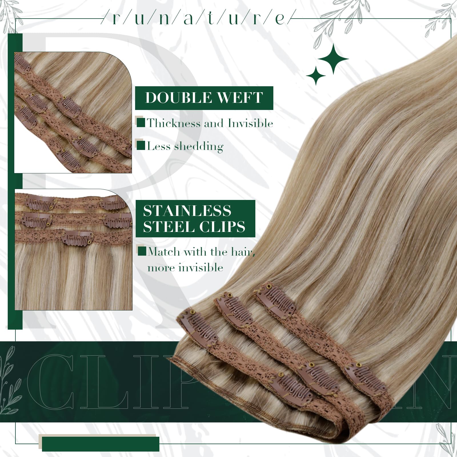 Runature Clip In Hair Extensions Human Hair Highlight Brown With Blonde Human Hair Clip In Extensions For Women Double Weft Remy