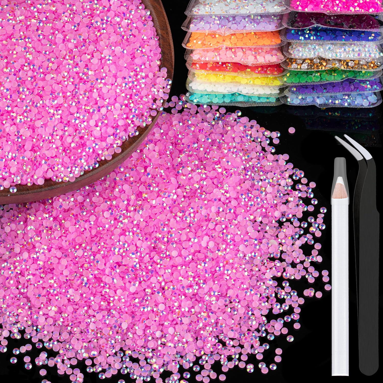 5000pcs 2mm Resin Rhinestones Bulk, Pink AB Flatback Round Jelly Rhinestones Bedazzling Non Hotfix Crystal Gems Large Quantity W