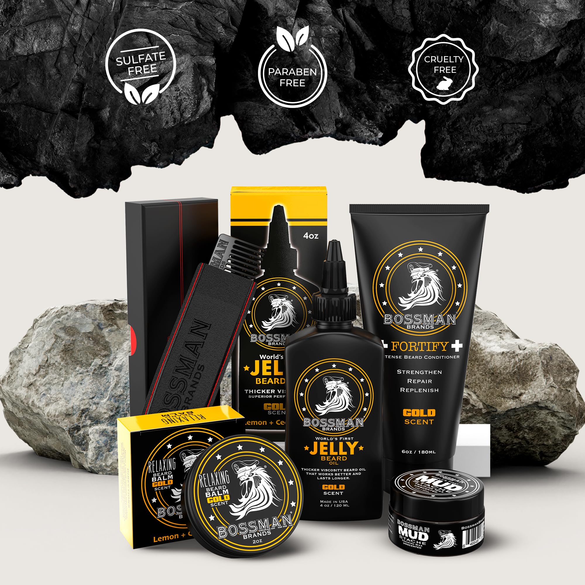 Bossman Complete Beard Kit - Men'S Beard Oil Jelly, Fortify Shower Conditioner, Balm, Mustache Wax And Comb - Beard Softener, Gr