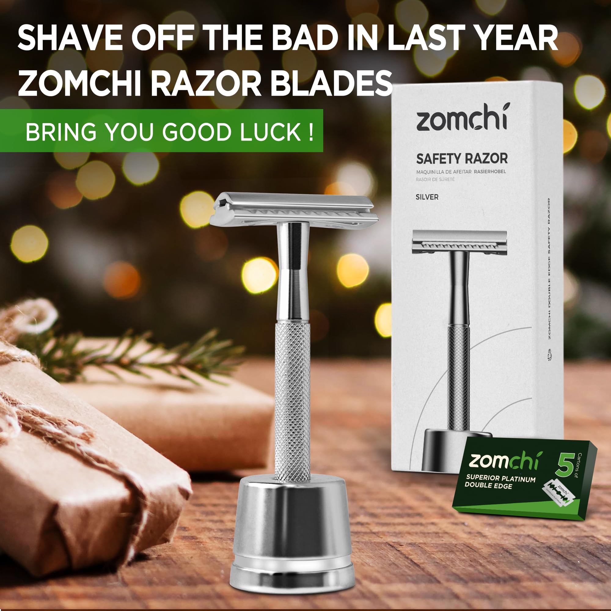 Zomchi De Safety Razor With 10 Safety Razor Blades, Reusable Metal Razor For Men & Women With Razor Stand, Plastic Free Razors -