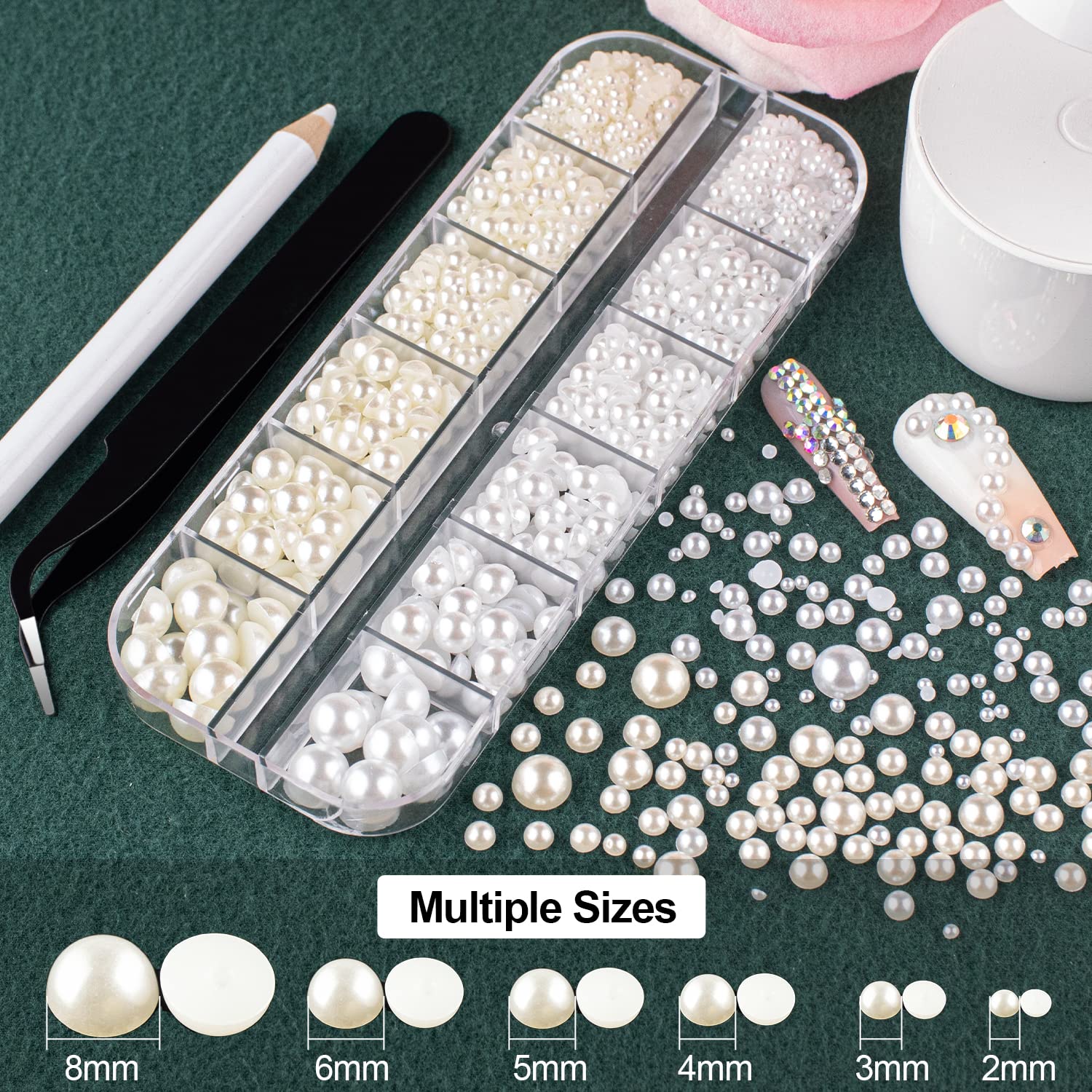 Flat Back Rhinestones&Pearls Kits Round Glass Crystal Transparent White Gems+White&Beige Pearls With Quick Dry Makeup Glue+Picke