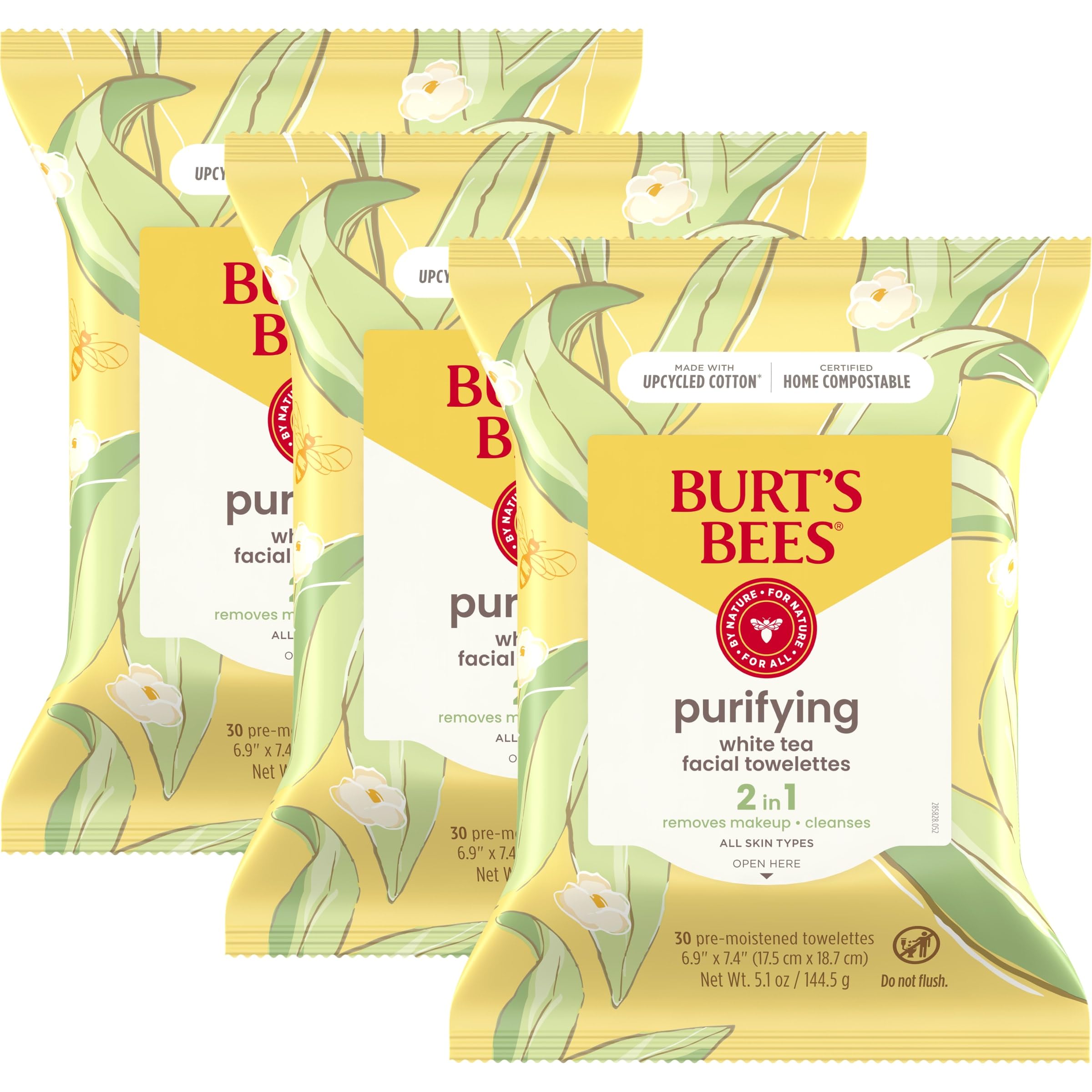 Burt 's Bees White Tea Face Wipes, for All Skin Types, College Back to School Dorm Essentials, Hydrating Makeup Remover & Facial