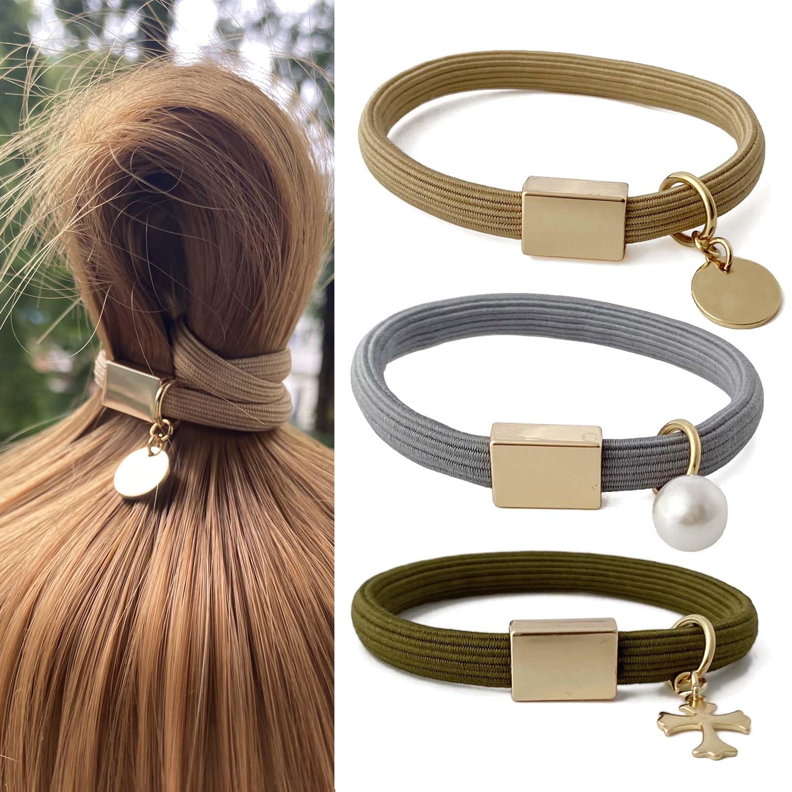 Hair Ties No Damage for Thick Curly Hair, 8mm Thick Hair Tie Bracelets for women with Gold Charm Cute Ponytail Holders Accessori