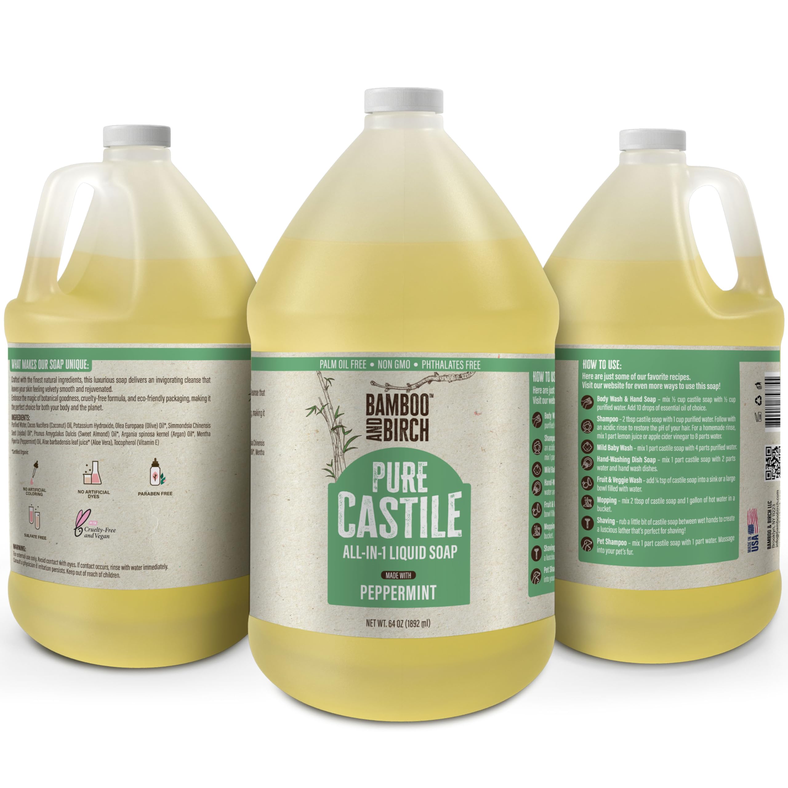 Bamboo And Birch Pure Castile Soap Liquid Organic, Certified Palm Oil Free Natural Soap, Peppermint, 1 Gallon