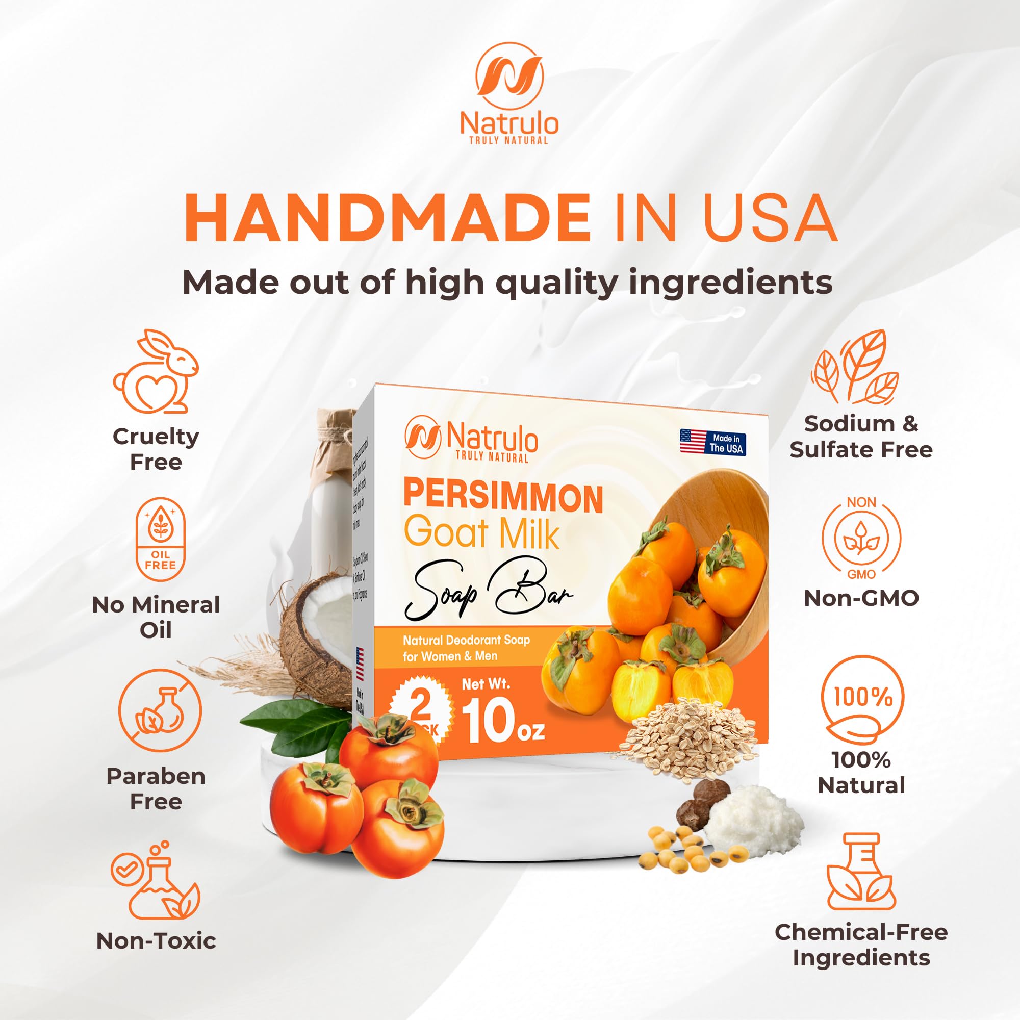 Natrulo Persimmon Soap Bar ?oz Deodorizing Body Wash with Goat Milk for Odor Control & Skin Brightening ?atural Soap for Men & Women