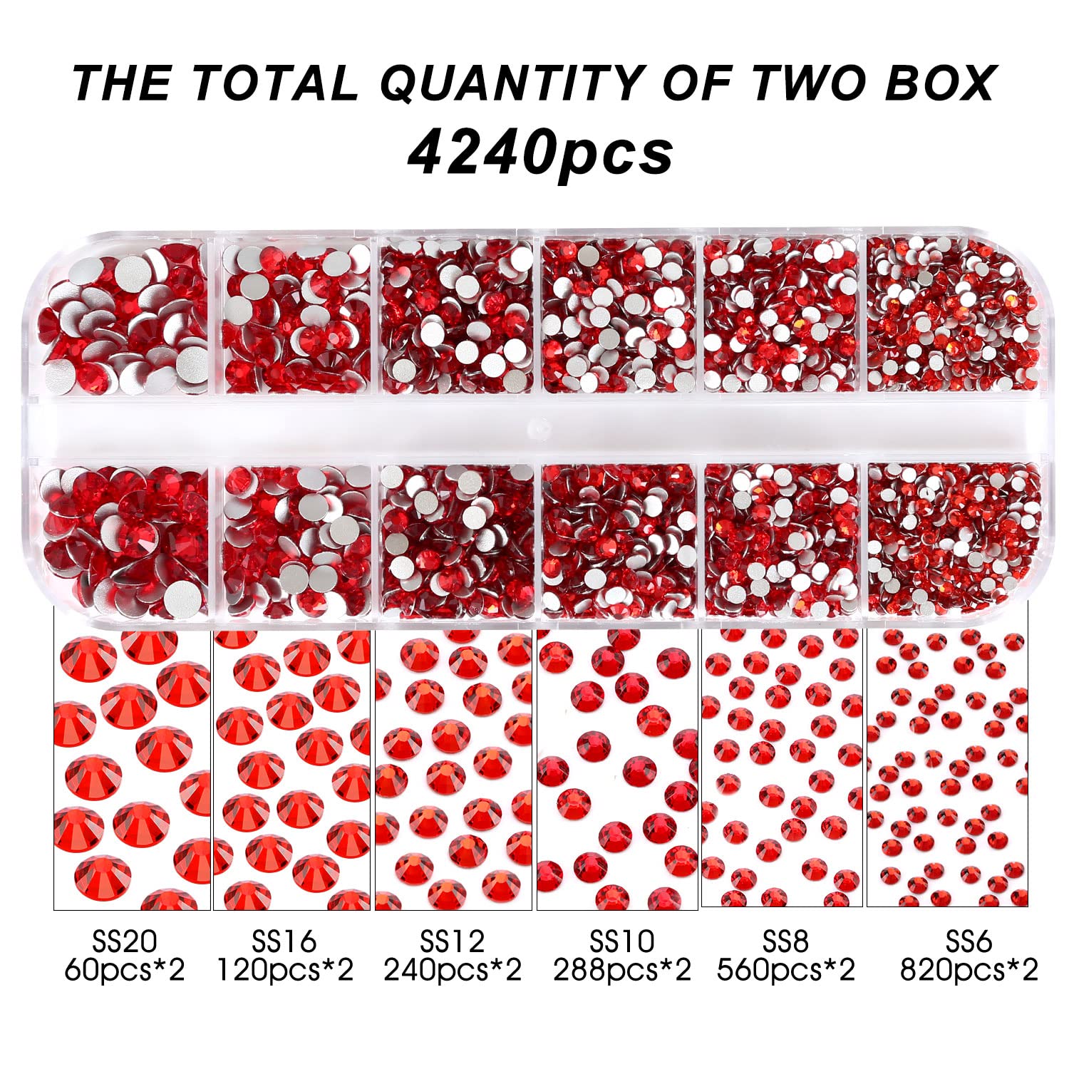 4240Pcs Flatback Red Rhinestones Glass Crystal Diamonds For Nail Art Eye Jewels Glitter Round With Tweezers And Picking Pen (Ss6