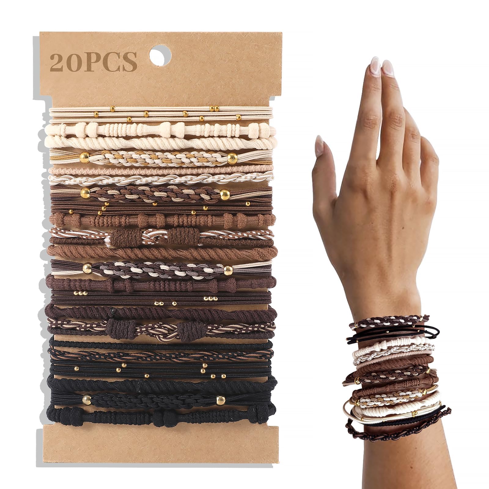 20 PCS Boho Hair Ties, Nuetral Color Bracelets Hair Ties for Thick or Thin Hair, 5 Styles Boho Ties for Ponytail Holders, 2.36 H