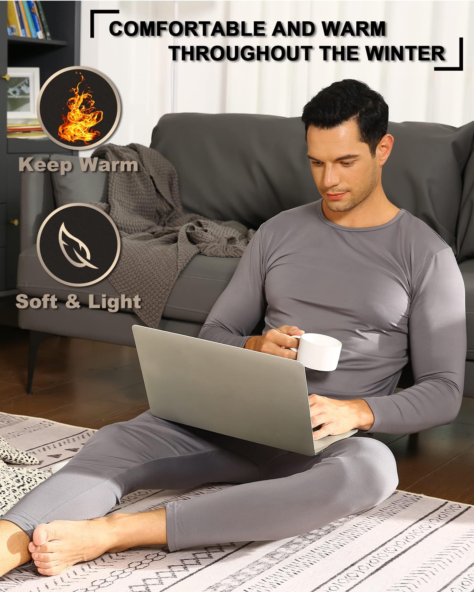 Vicherub Thermal Underwear for Men Fleece Lined Long Johns Base Layer Top and Bottom Set for cold Weather grey M