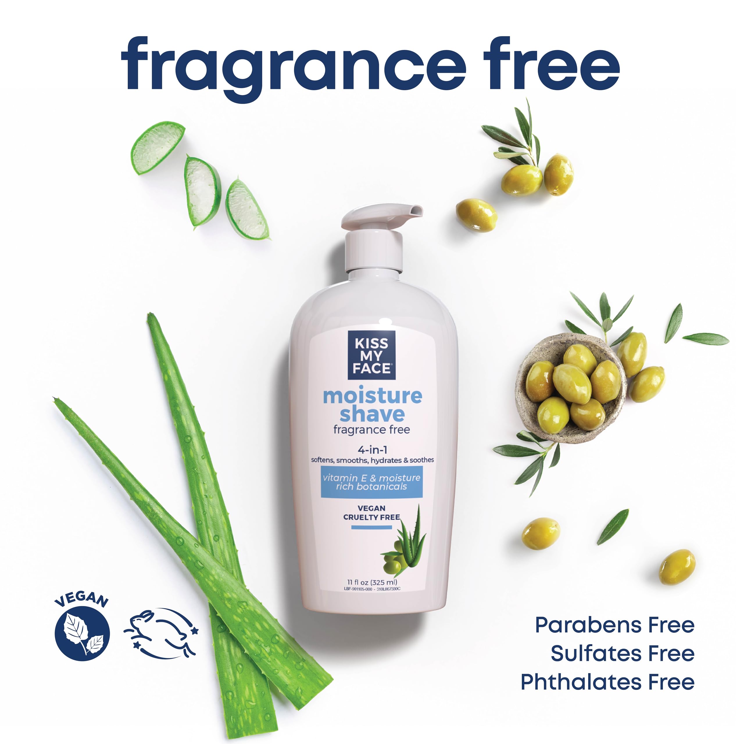 Kiss My Face Fragrance Free Moisture Shave, 4 In 1 Shaving Cream, Cruelty Free And Vegan, With Added Olive Oil And Aloe Leaf Ext