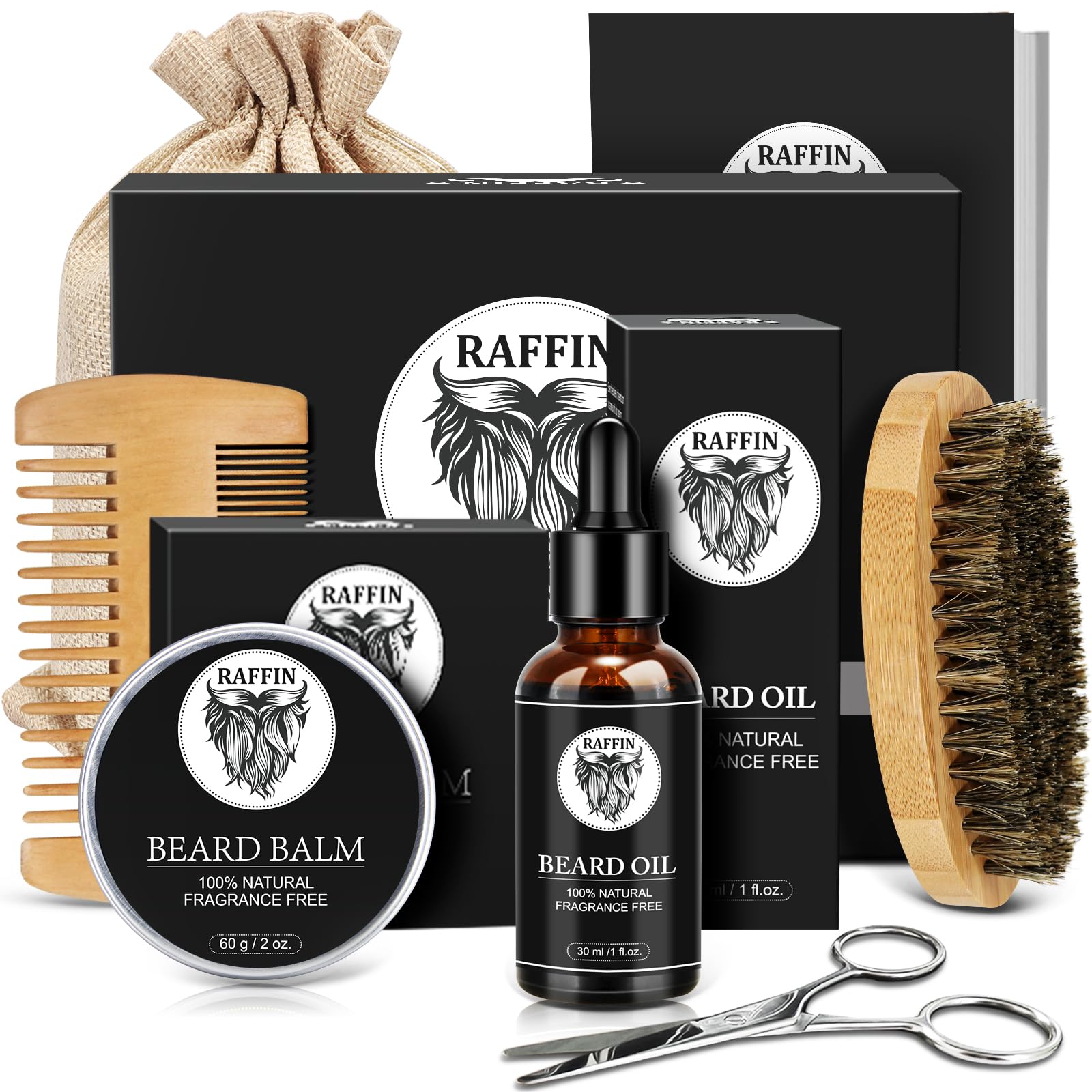 RAFFIN Beard Kit for Men, Birthday for Men's Care w/Oil,Balm, Brush, Comb - Christmas Stocking Stuffers for Men, Presents for Hi