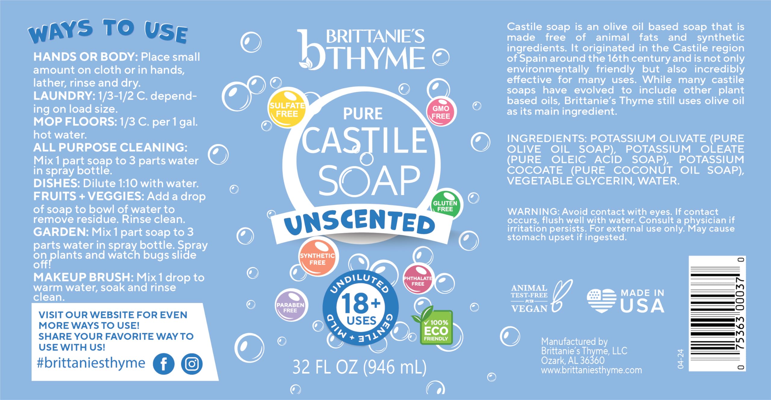 Brittanies Pure Castile Liquid Soap Refill, Unscented | Dish Soap, Hair & Body, Home, Gentle And Pure, Made With Natural Luxurio