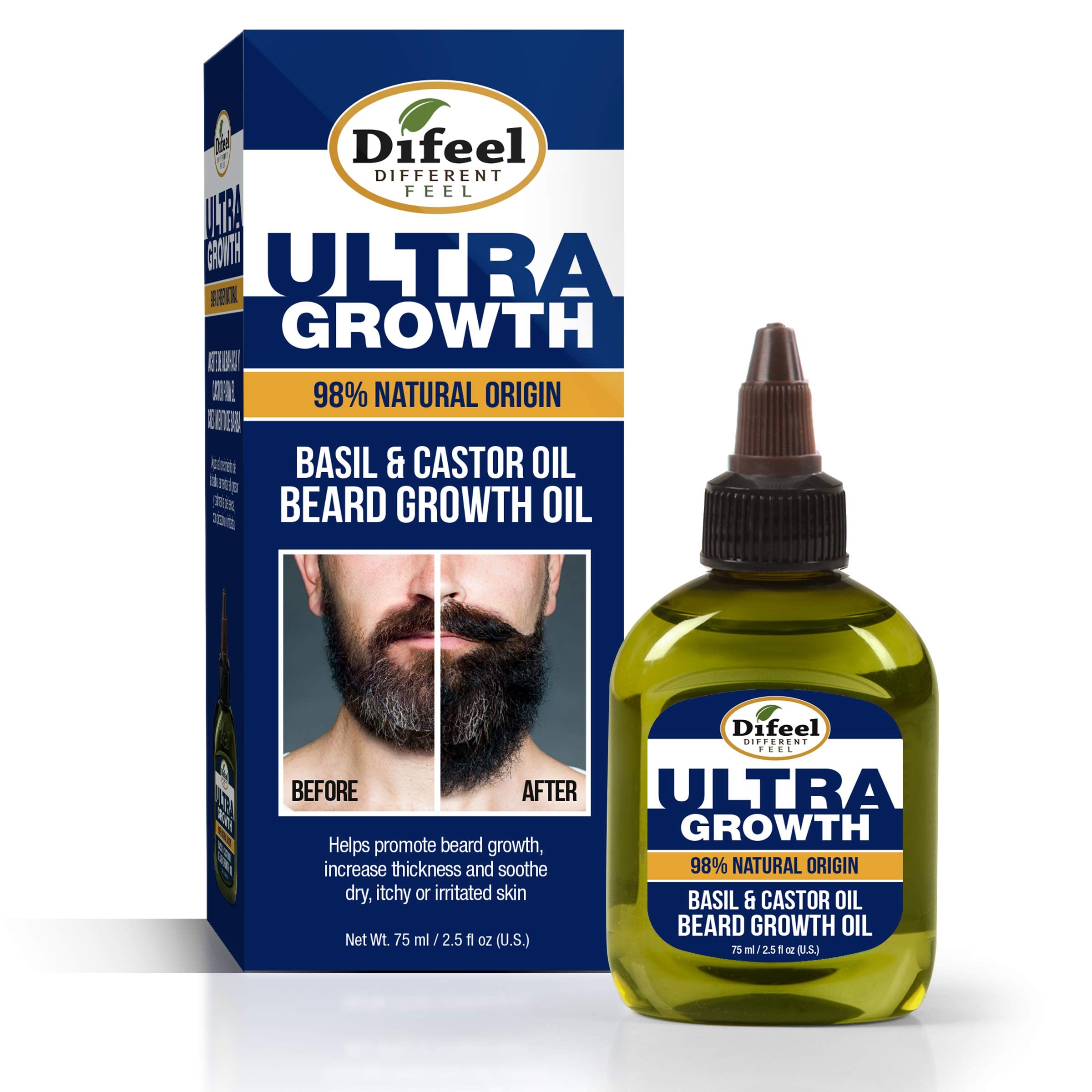 Difeel Mens Ultra Growth Basil And Castor Beard Oil 2.5 Oz. - Natural Beard Oil For Hair Growth